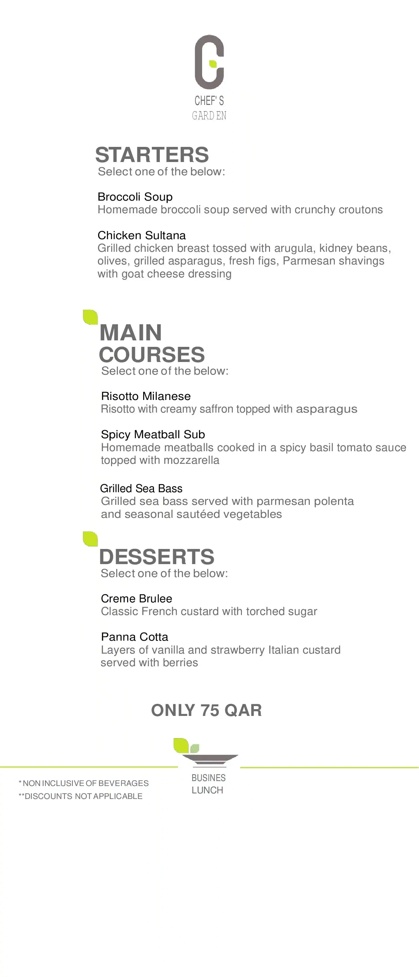 Menu of Chef's Garden, Al Gharafa, Doha  