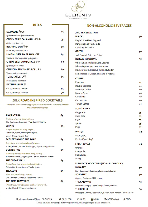 Menu of Elements - Four Seasons Hotel, Dafna, Doha  