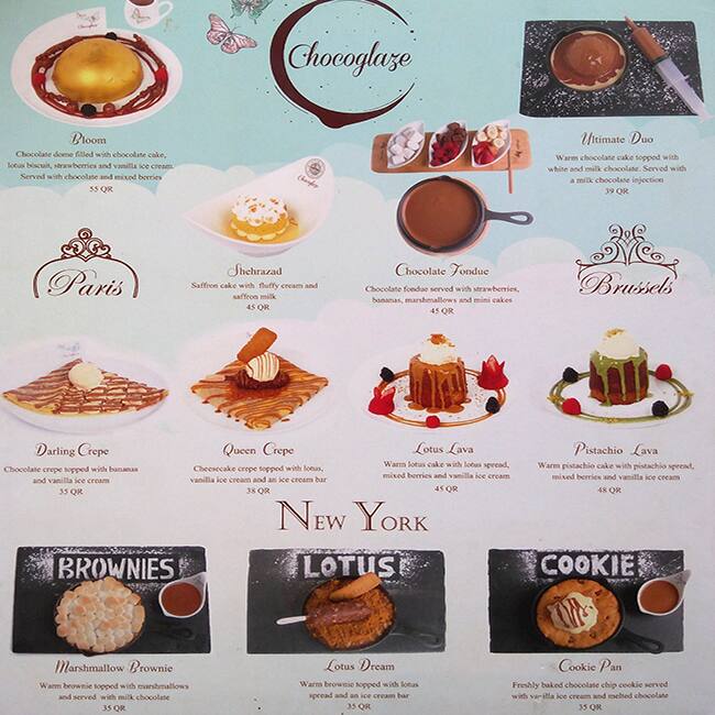 Menu of Chocoglaze, Abu Hamour, Doha  