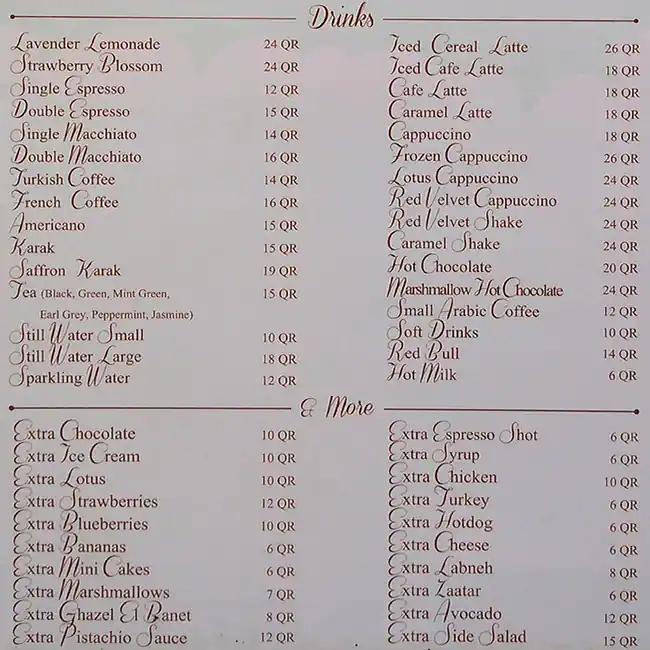 Menu of Chocoglaze, Abu Hamour, Doha  