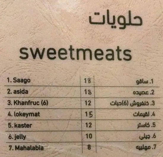 Menu of Al Jasra Traditional Food, Souq Waqif, Doha  