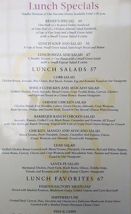 Menu of The Cheesecake Factory, Al Waab, Doha  