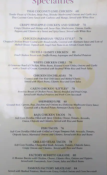 Menu of The Cheesecake Factory, Al Waab, Doha  