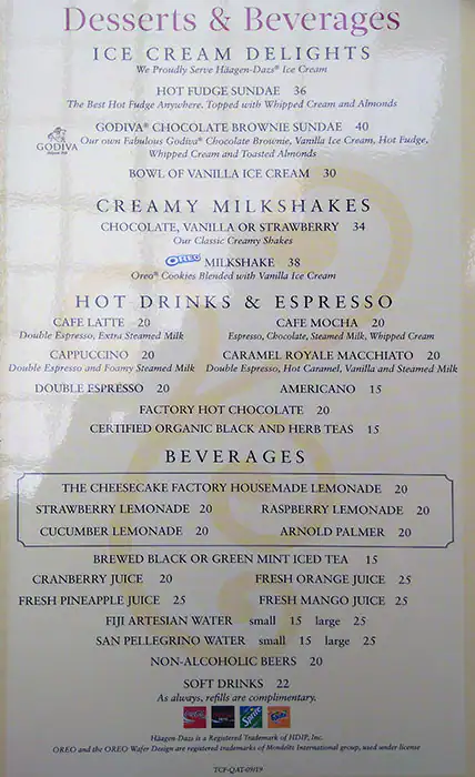 Menu of The Cheesecake Factory, Al Waab, Doha  