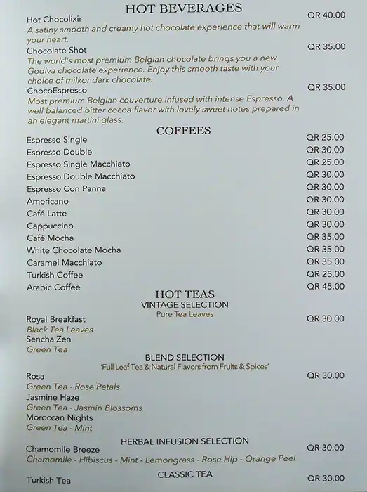 Menu of GODIVA, Al Gharafa, Doha  