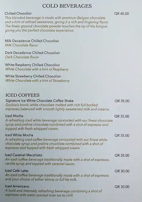 Menu of GODIVA, Al Gharafa, Doha  