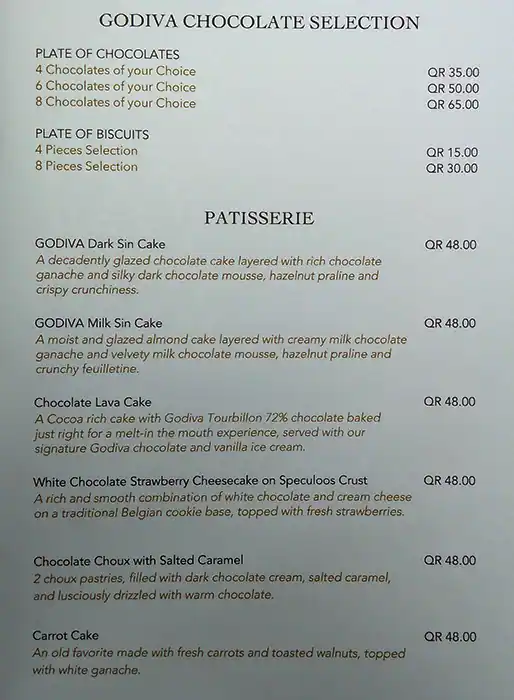 Menu of GODIVA, Al Gharafa, Doha  