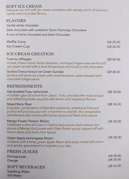 Menu of GODIVA, Al Gharafa, Doha  