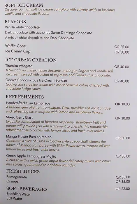 Menu of GODIVA, Al Gharafa, Doha  