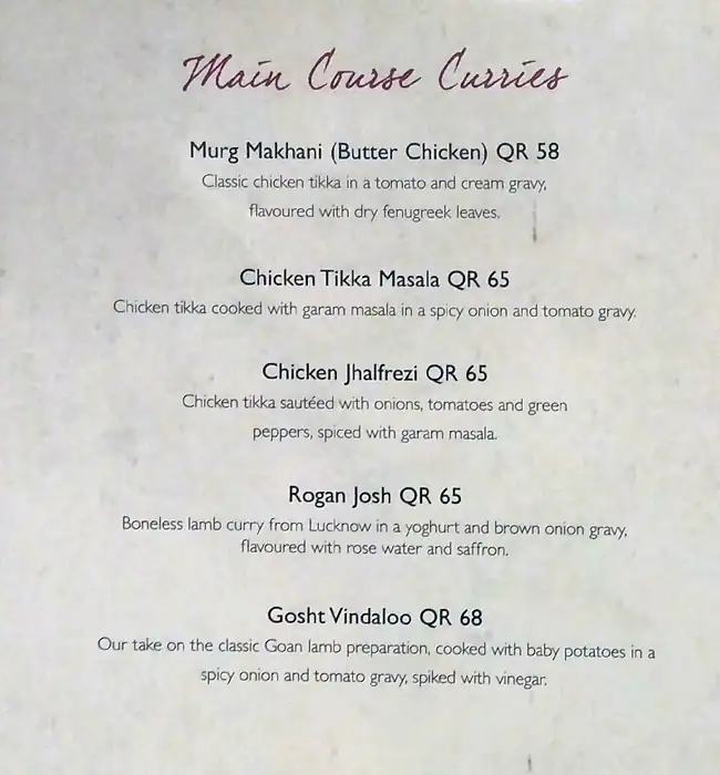 Menu of Asha's, Umm Salal Mohammed, Doha  