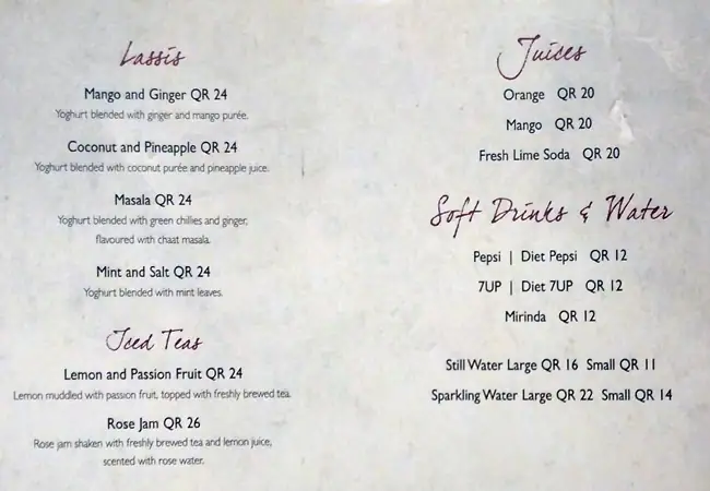 Menu of Asha's, Umm Salal Mohammed, Doha  