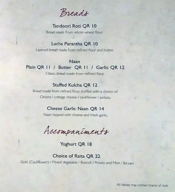 Menu of Asha's, Umm Salal Mohammed, Doha  