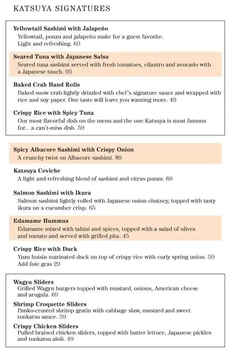 Menu of Katsuya, Umm Salal Mohammed, Doha  