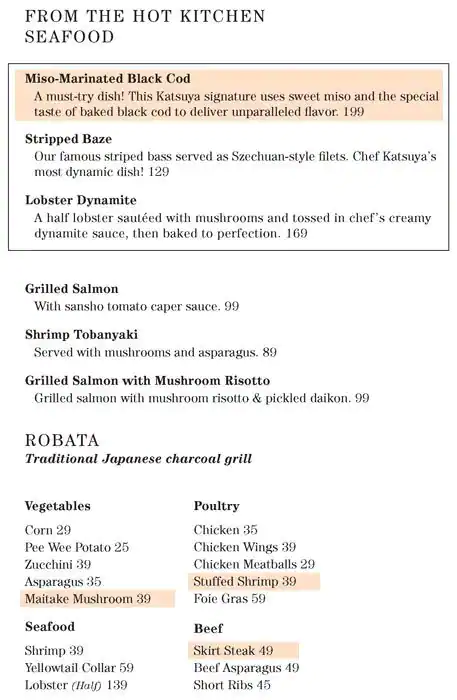 Menu of Katsuya, Umm Salal Mohammed, Doha  