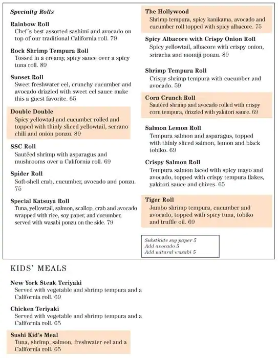 Menu of Katsuya, Umm Salal Mohammed, Doha  