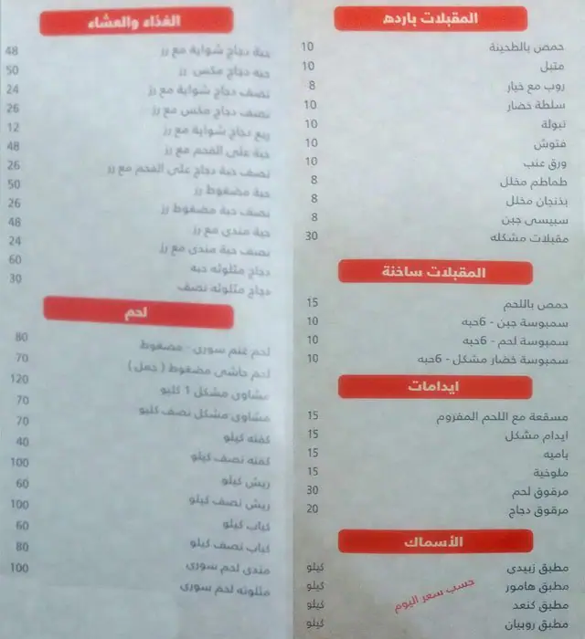 Menu of Shwaiat Al-Khalij, Ain Khalid, Doha  