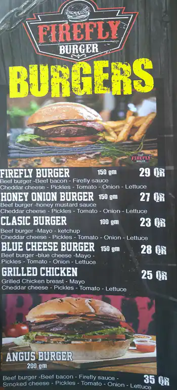 Menu of Firefly Burger, Al Wakrah, Doha  