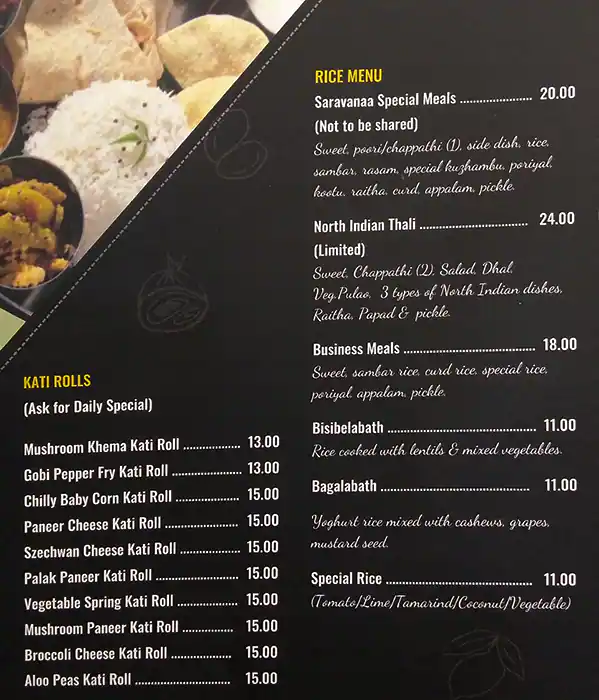 Menu of Saravanaa Bhavan, Salwa Road, Doha  