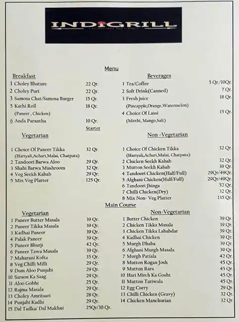 Menu of INDIGRILL, Al Sadd, Doha  