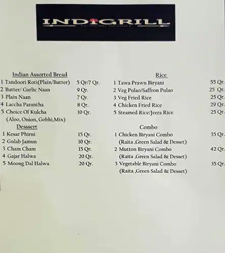 Menu of INDIGRILL, Al Sadd, Doha  