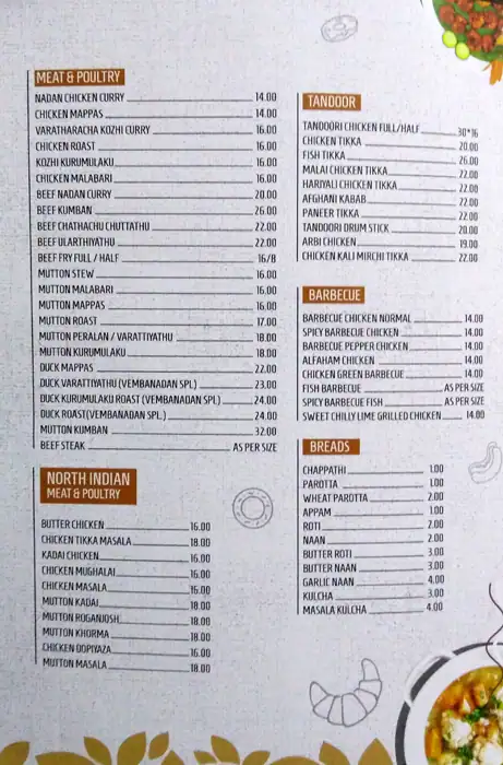 Menu of Vembanad, Barwa Village, Doha  