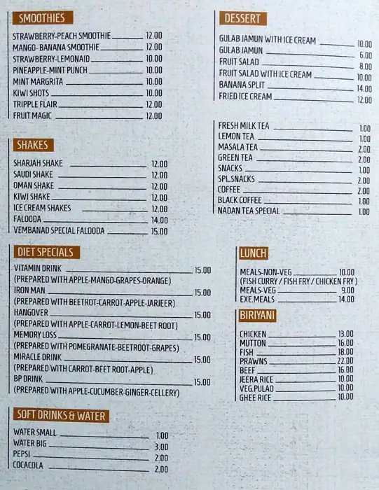 Menu of Vembanad, Barwa Village, Doha  