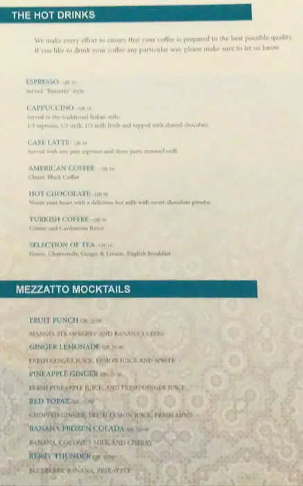 Menu of Mezzatto, Dafna, Doha  