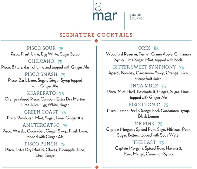 Menu of La Mar by Gaston Acurio, Westbay, Doha  