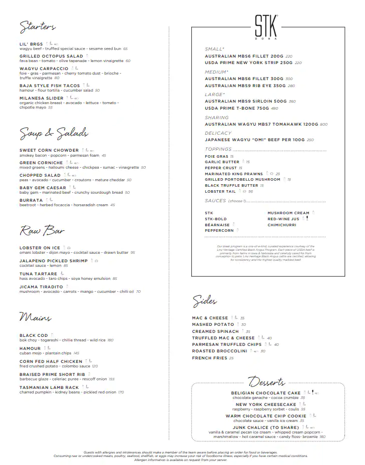 Menu of STK Doha - The Ritz-Carlton, Westbay, Doha  