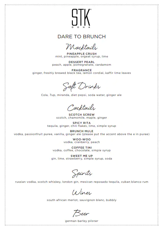 Menu of STK Doha - The Ritz-Carlton, Westbay, Doha  