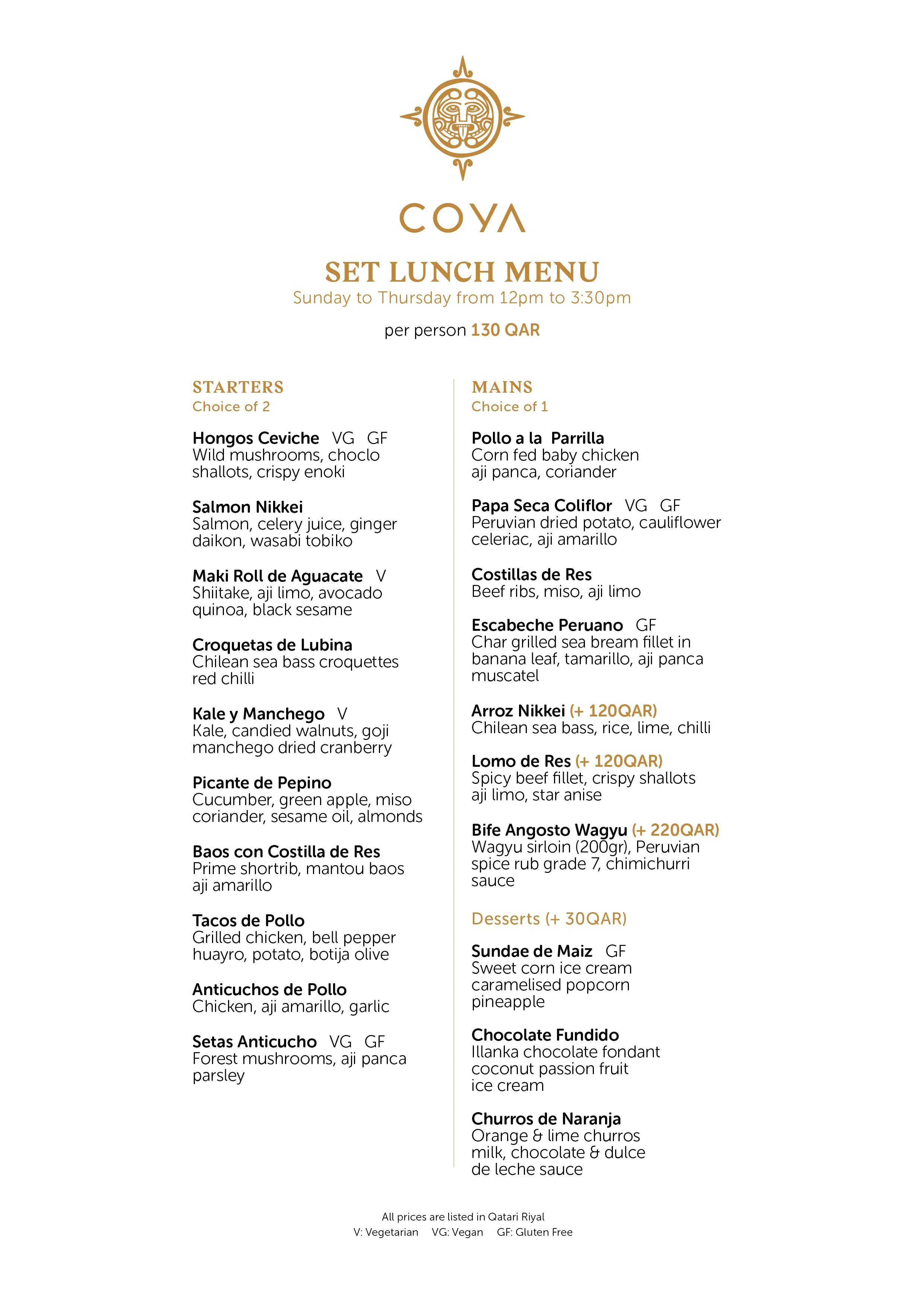 Menu of COYA, Dafna, Doha  