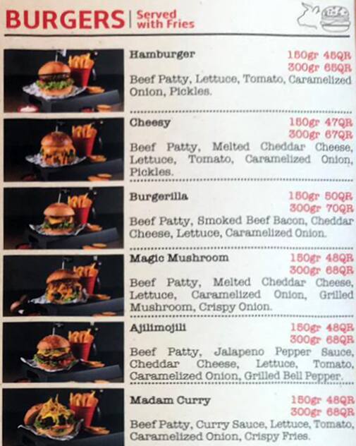 Menu of Burgerillas, Abu Hamour, Doha  