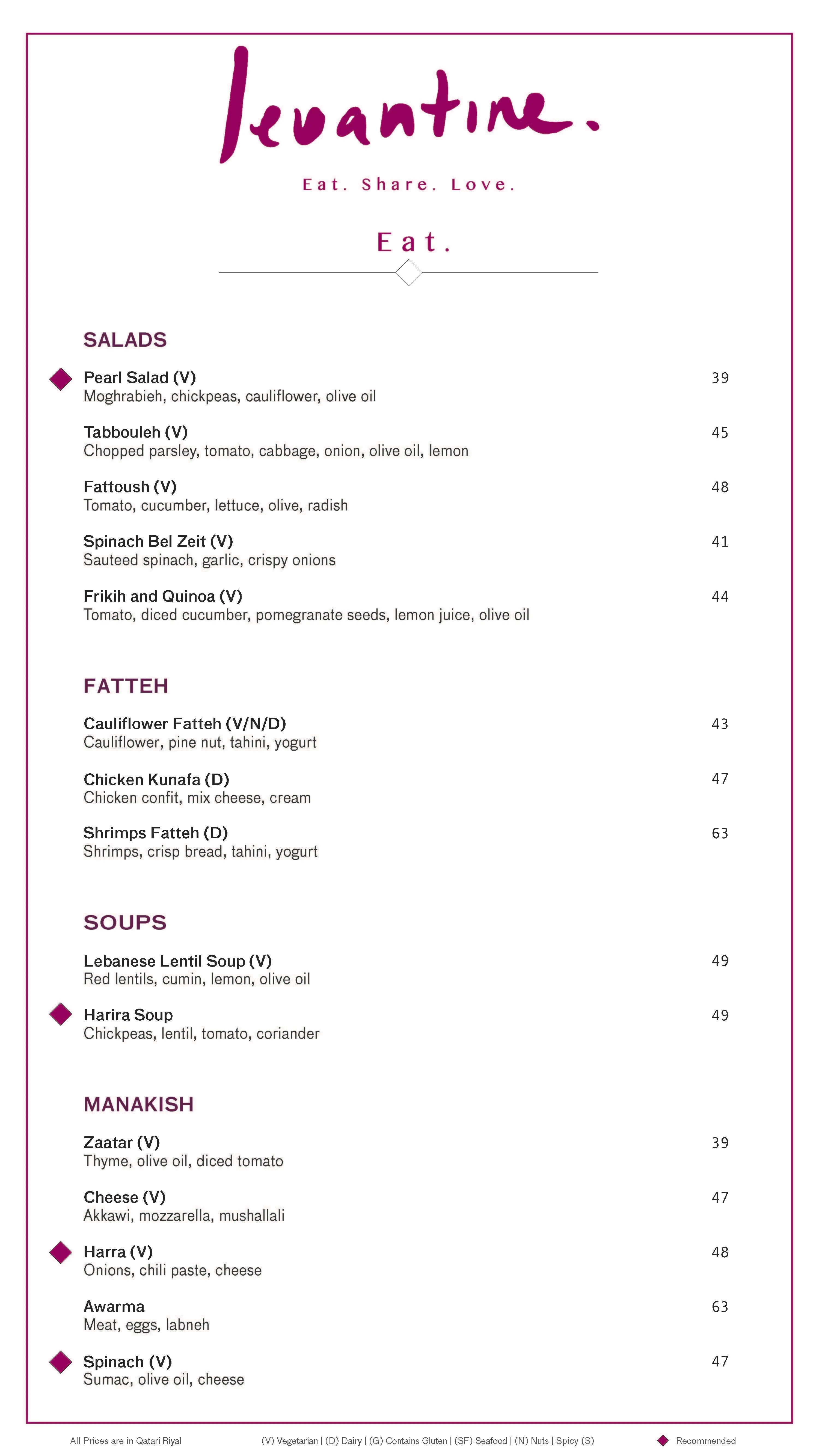 Menu of Levantine, Pearl Qatar, Doha  