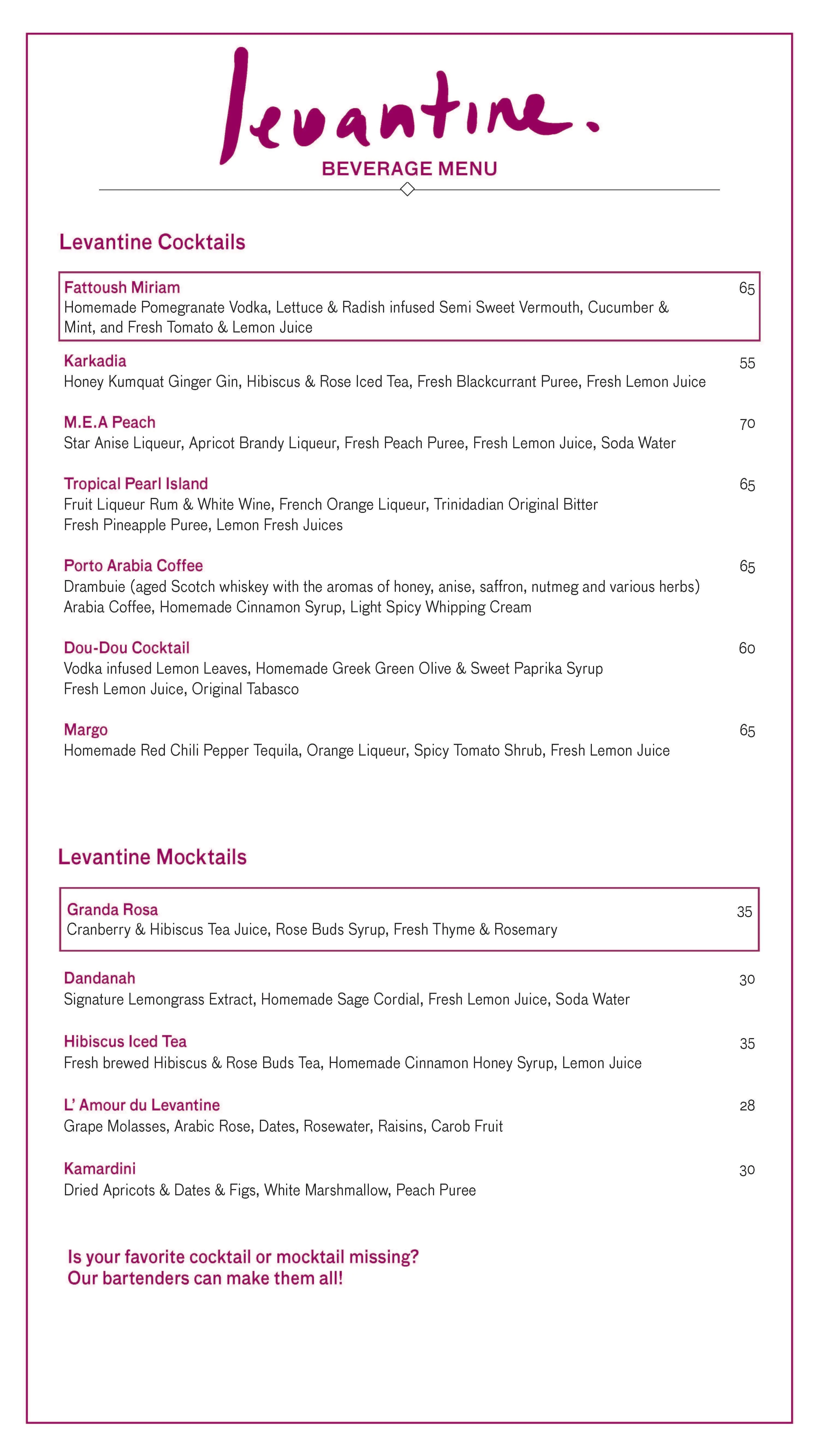 Menu of Levantine, Pearl Qatar, Doha  