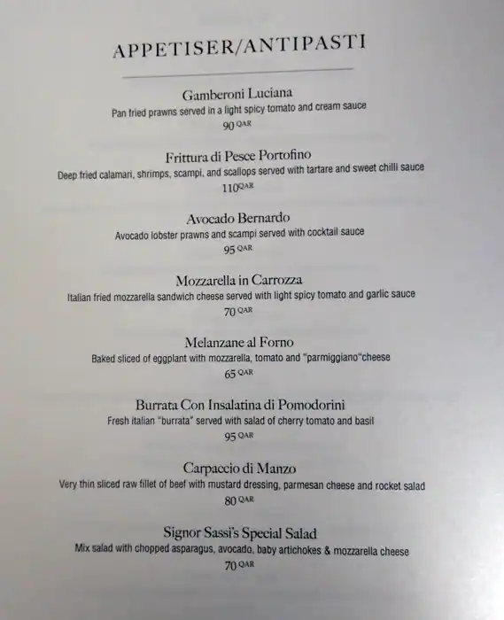 Menu of Signor Sassi, Markhiya, Doha  