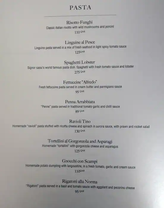 Menu of Signor Sassi, Markhiya, Doha  