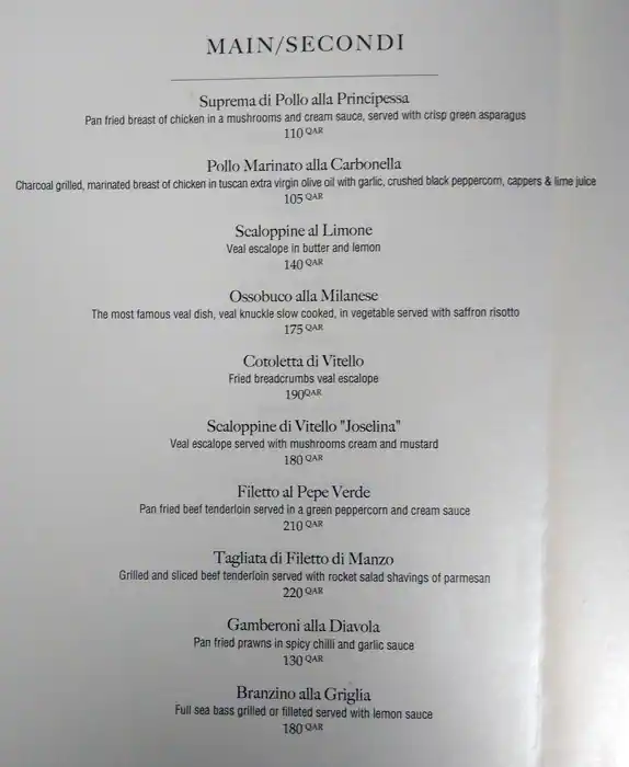 Menu of Signor Sassi, Markhiya, Doha  