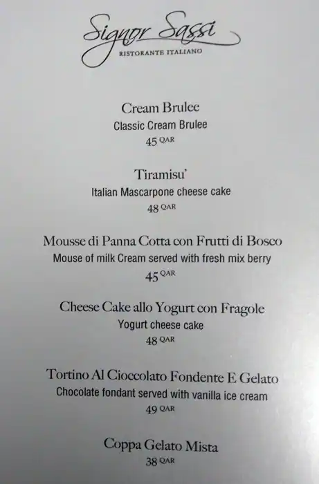 Menu of Signor Sassi, Markhiya, Doha  