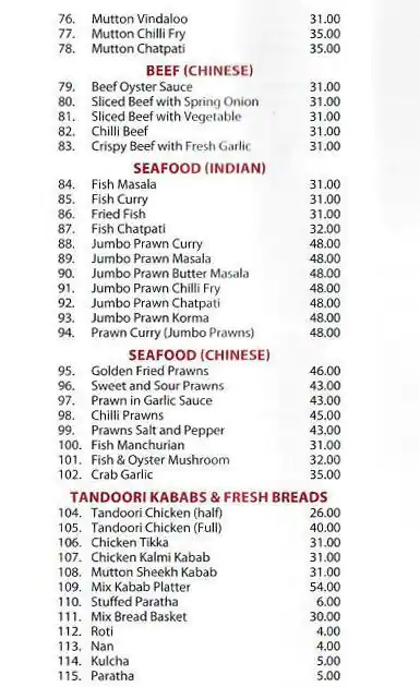 Menu of Star of India, Markhiya, Doha  