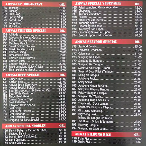 Menu of Amwaj Fast Food, Najma, Doha  