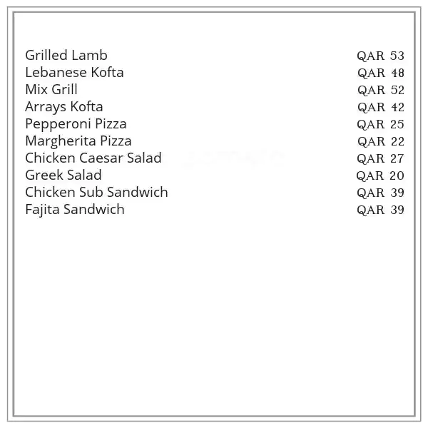 Menu of Khariss Cafe, Souq Waqif, Doha  