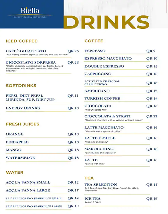 Menu of Biella, City Center Mall, Dafna, Doha  