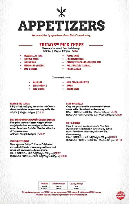 Menu of TGI Fridays, Landmark Mall, Al Gharafa, Doha  