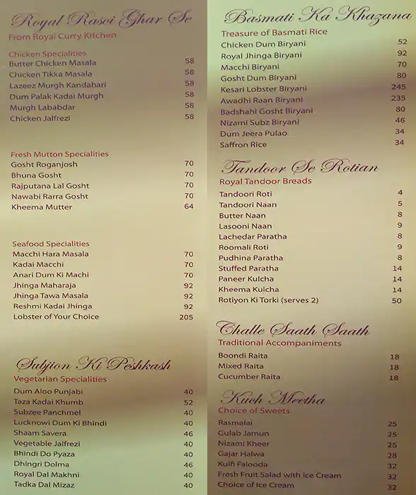 Menu of Royal Tandoor, Pearl Qatar, Doha  