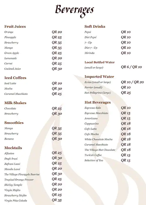 Menu of The Village Restaurant, Al Nasr, Doha  