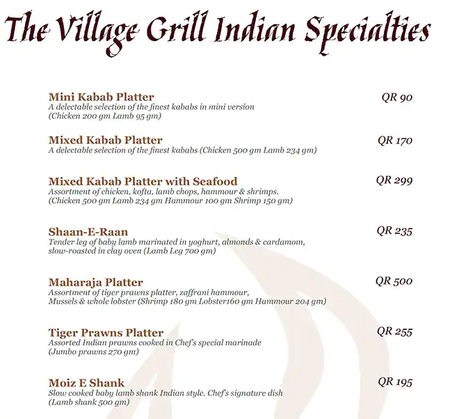 Menu of The Village Restaurant, Al Nasr, Doha  