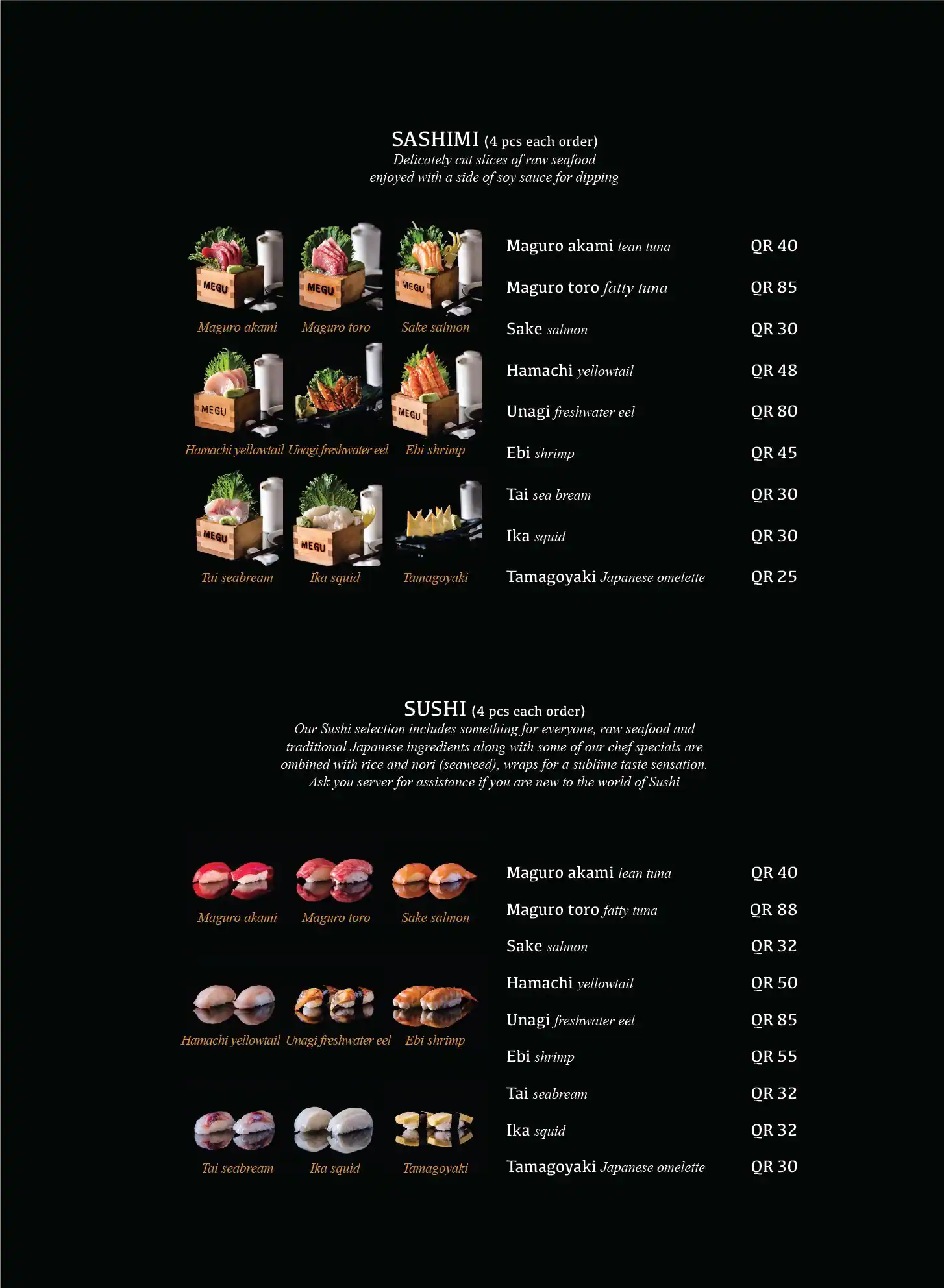 Menu of Megu, Pearl Qatar, Doha  