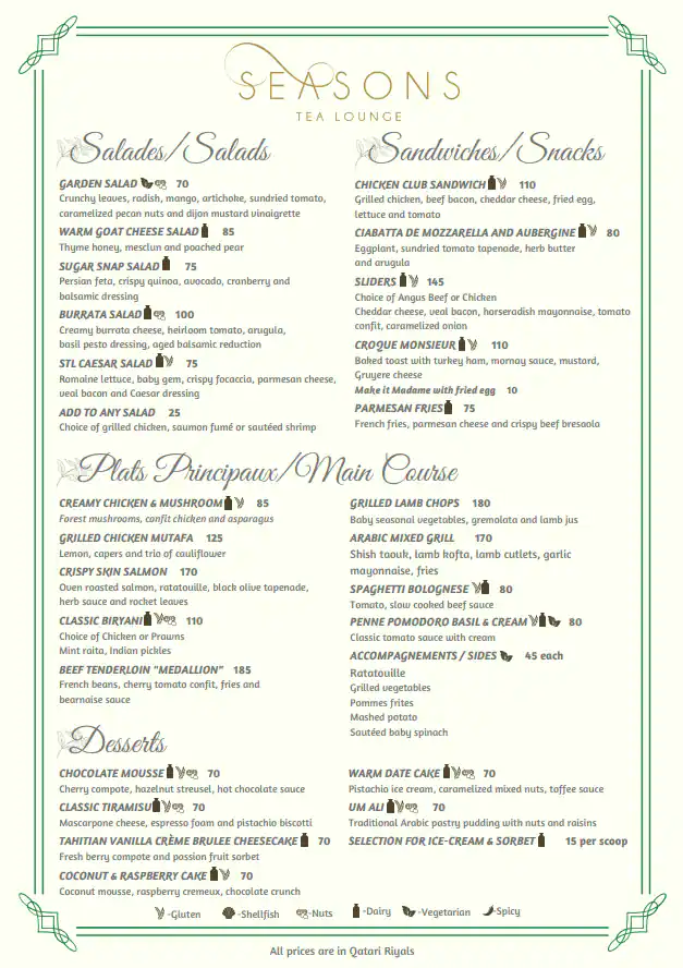 Menu of Seasons Tea Lounge - Four Seasons Hotel, Dafna, Doha  