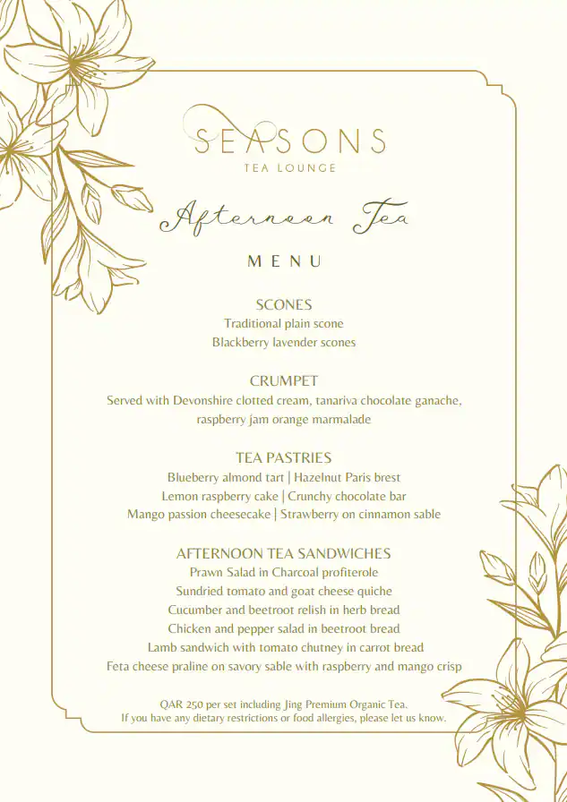 Menu of Seasons Tea Lounge - Four Seasons Hotel, Dafna, Doha  