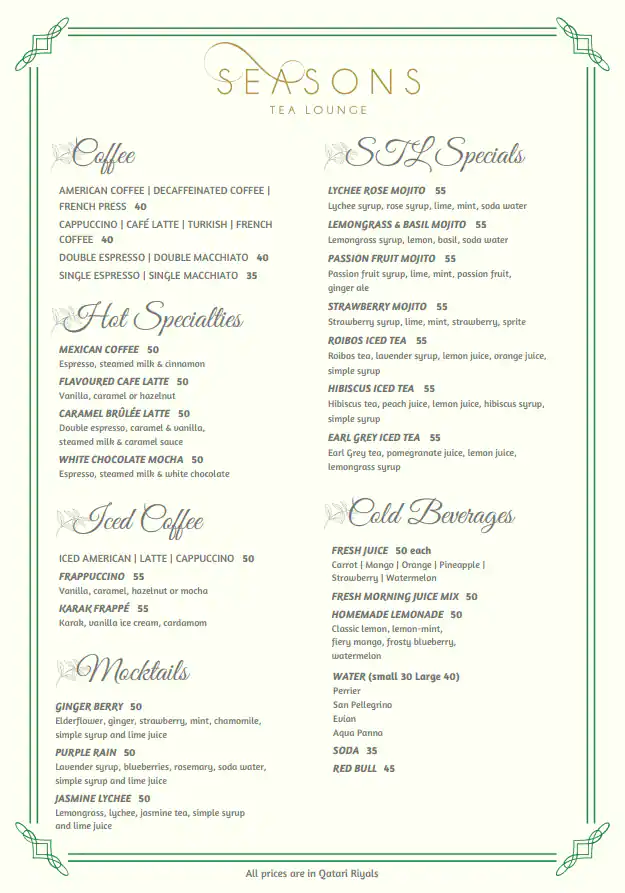 Menu of Seasons Tea Lounge - Four Seasons Hotel, Dafna, Doha  